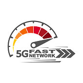 5g fast network. Speed internet 5g concept. Abstract symbol of speed 5g network. Speedometer logo design. Vector icon. EPS 10.