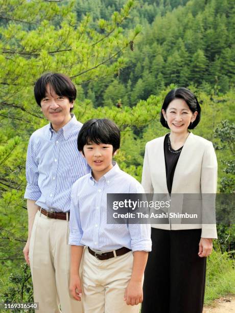 Crown Prince Fumihito, or Crown Prince Akishino, Crown Princess Kiko of Akishino and Prince Hisahito enjoy hiking on August 20, 2019 in Thimphu,...