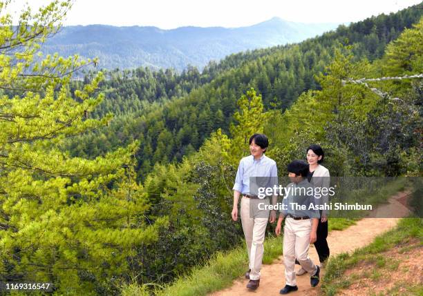 Crown Prince Fumihito, or Crown Prince Akishino, Crown Princess Kiko of Akishino and Prince Hisahito enjoy hiking on August 20, 2019 in Thimphu,...