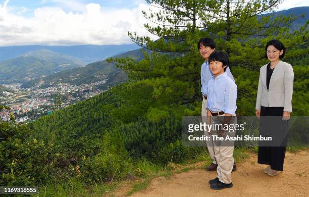 Crown Prince Fumihito, or Crown Prince Akishino, Crown Princess Kiko of Akishino and Prince Hisahito enjoy hiking on August 20, 2019 in Thimphu,...