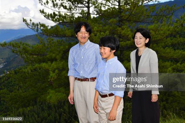 Crown Prince Fumihito, or Crown Prince Akishino, Crown Princess Kiko of Akishino and Prince Hisahito enjoy hiking on August 20, 2019 in Thimphu,...