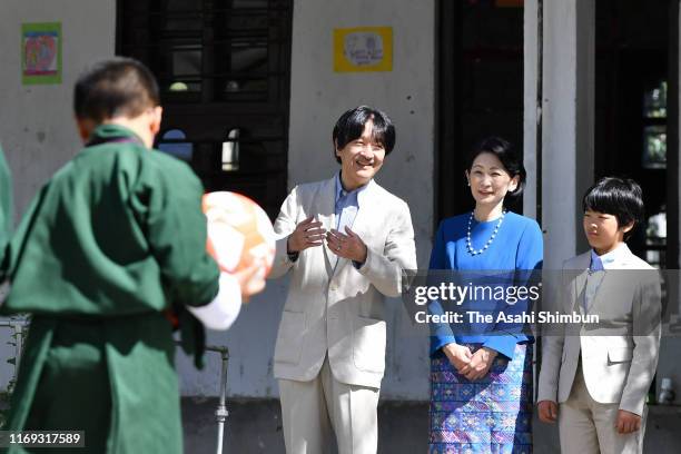 Crown Prince Fumihito, or Crown Prince Akishino, Crown Princess Kiko of Akishino and Prince Hisahito visit a school on August 20, 2019 in Thimphu,...
