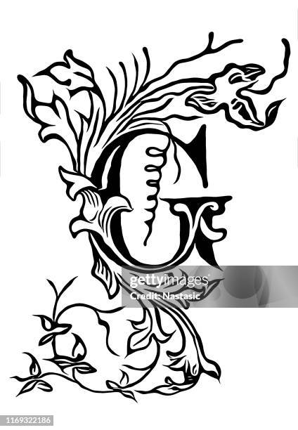 vintage zeichnung von dekorativen großbuchstaben g mit ornament rund und innen - monogramm stock-grafiken, -clipart, -cartoons und -symbole