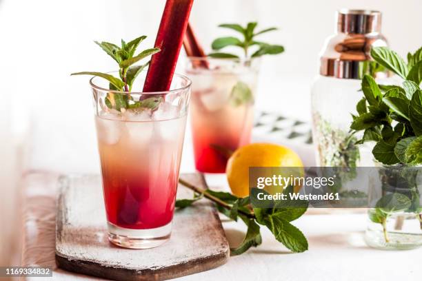 rhubarb collins with gin, prosecco, lemon juice, rhubarb juice and hibiscus syrup - gin stock-fotos und bilder