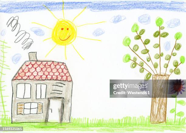 child's drawing, house and garden - baum sonne stock-grafiken, -clipart, -cartoons und -symbole