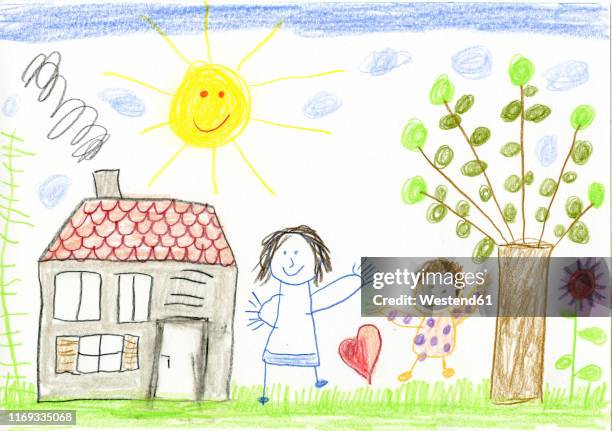 child's drawing, happy mother and child in garden - kinderzeichnung stock-grafiken, -clipart, -cartoons und -symbole