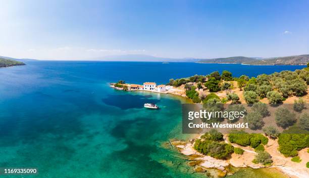 greece, aegean sea, pagasetic gulf, peninsula pelion, aerial view of tzasteni - bay of water stock pictures, royalty-free photos & images