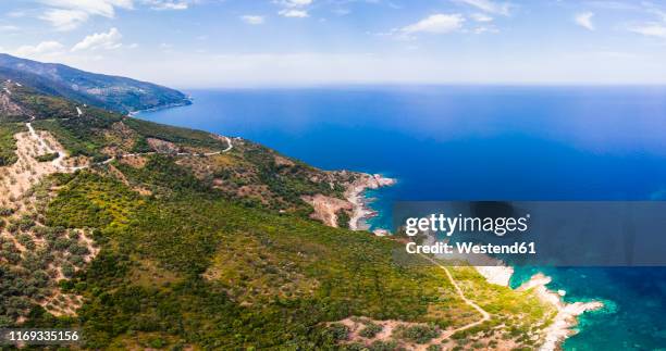 greece, pelion, pagasetic gulf, sound of trikeri, region volos, aerial view of coast pelion - pelion fotografías e imágenes de stock