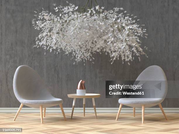 stockillustraties, clipart, cartoons en iconen met modern skandinavian interior with two grey chairs, coffee table and a floral installation, 3d rendering - bijzettafel
