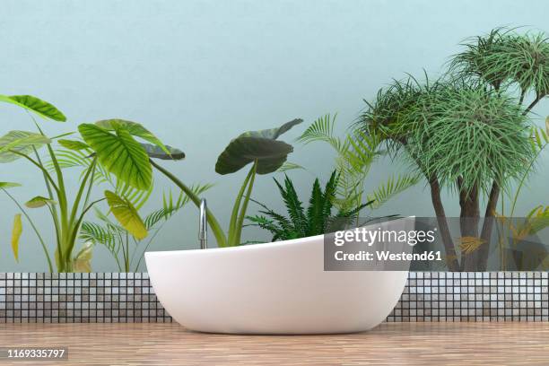 stockillustraties, clipart, cartoons en iconen met modern bathtub in bathroom with  tropical plants, 3d rendering - kamerplant