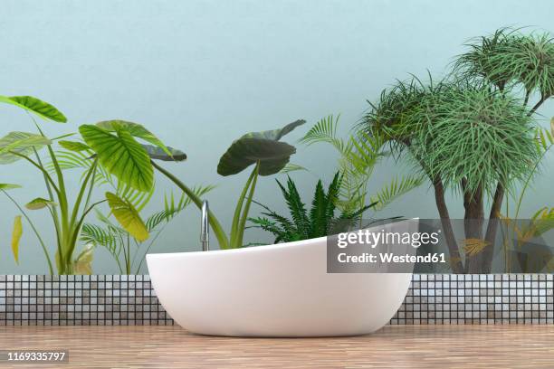 bildbanksillustrationer, clip art samt tecknat material och ikoner med modern bathtub in bathroom with  tropical plants, 3d rendering - parkettgolv