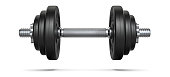 Black rubber metal Dumbbell with shadow. 3d rendering illustration isolated on white background. Gym, fitness and sports equipment symbol