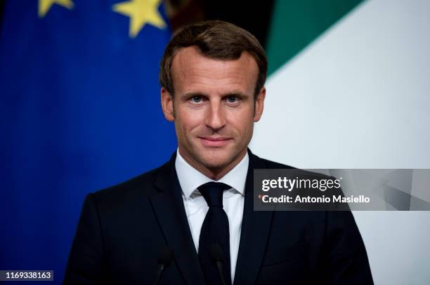 French President Emmanuel Macron gives a joint press conference with Italian Prime Minister Giuseppe Conte at the Palazzo Chigi on September 18, 2019...