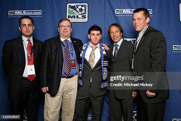 Colorado's Jeff Plush, GM Charlie Wright, draft pick Nico Colacula, head coach Fernando Clavijo and John Murphy at the MLS SuperDraft at the Indiana...