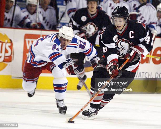 Buffalo Sabres' Daniel Briere skates away from Rangers' Martin Straka during a game against the New York Rangers at the HSBC Arena in Buffalo, NY,...