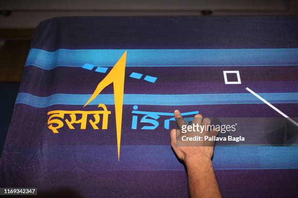 General view of the logo of the Indian space agency, the Indian Space Research Organisation or ISRO at a press meet on August 20, 2019 in Bengaluru,...