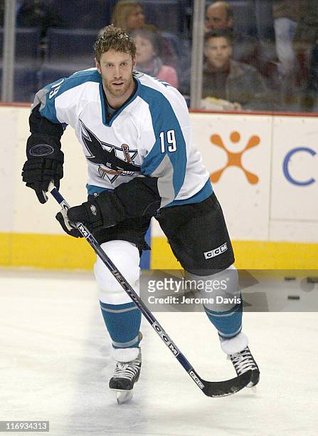 Newly acquired Joe Thornton during warm ups in his first game as a San Jose Shark against the Buffalo Sabres at the HSBC Arena in Buffalo, NY,...