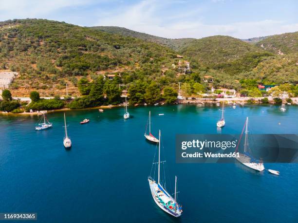 greece, aegean sea, pagasetic gulf, aerial view of bay of milina - pelion stock-fotos und bilder