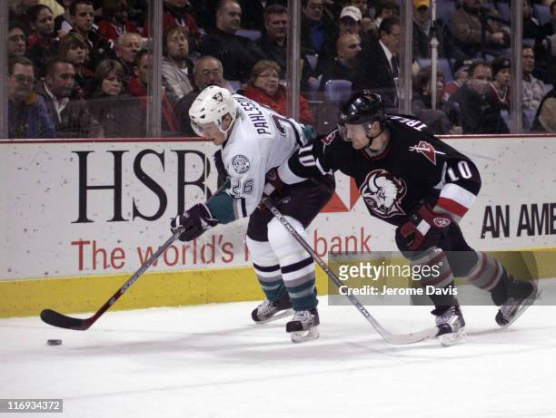 Buffalo Sabres' Henrik Tallinder forechecks the Ducks' Samuel Pahlsson during a game at the HSBC Arena in Buffalo, New York on December 8, 2005....