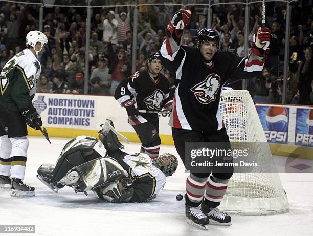 Buffalo Sabres' Thomas Vanek reacts after scoring a goal during a game versus the Dallas Stars at the HSBC Arena in Buffalo, NY, December 14, 2005....