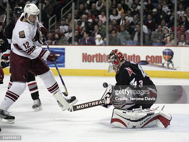 Phoenix Coyotes' Mike Johnson shoots on net and is stopped by Martin Biron during a game versus the Buffalo Sabres at the HSBC Arena in Buffalo, NY,...