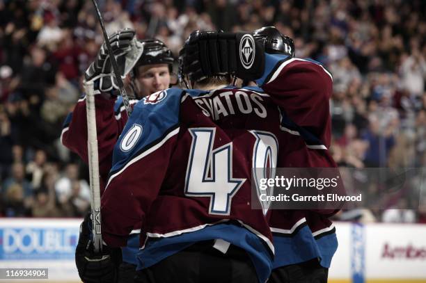 Marek Svatos of the Colorado Avalanche celebrates his goal during the game against the Toronto Maple Leafs on January 17, 2006 at the Pepsi Center in...