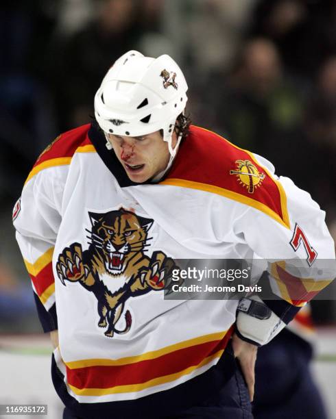 Florida Panthers' Steve Montador gets a bloody nose after a fight during the game versus the Buffalo Sabres at the HSBC Arena in Buffalo, NY,...