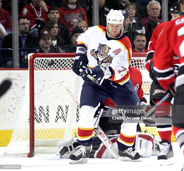 Florida Panthers' Chris Gratton screen Sabres' goalie Ryan Miller as the puck sails into the empty net during the game at the HSBC Arena in Buffalo,...