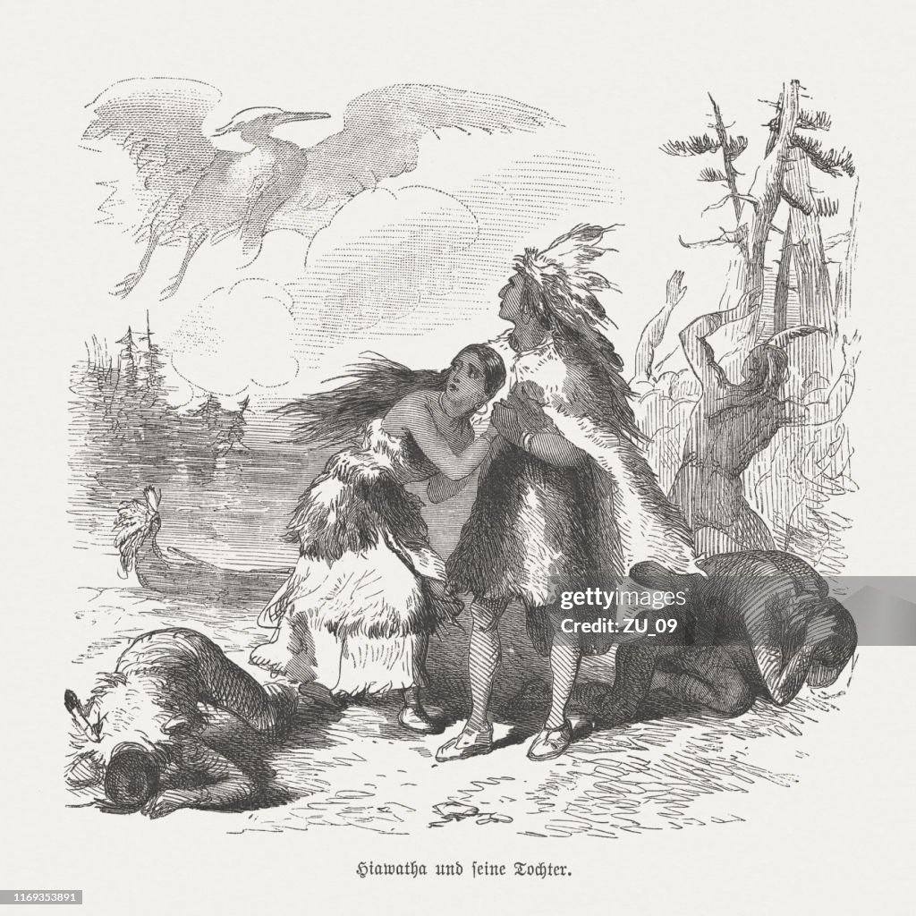 Hiawatha and his daughter, wood engraving, published in 1876