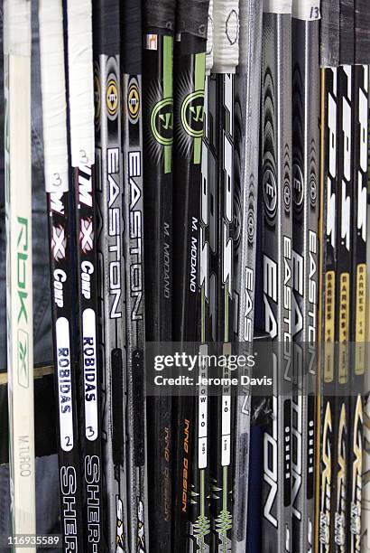 Dallas Stars' hockey sticks lined up before a game versus the Buffalo Sabres at the HSBC Arena in Buffalo, NY, December 14, 2005. Buffalo defeated...