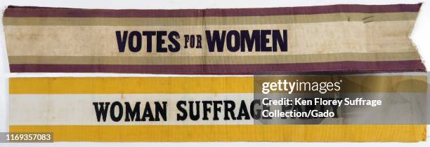 Women's suffrage sashes with text reading Votes for Women and Woman Suffrage Party, 1910. Photography by Emilia van Beugen.
