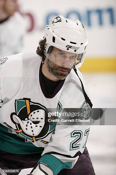 Scott Niedermayer of the Mighty Ducks of Anaheim faces off against the Colorado Avalanche during Game 3 of the Western Conference Semi-finals on May...