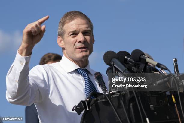 Representative Jim Jordan, A Republican from Ohio, speaks during a press conference on gun violence outside the U.S. Capitol in Washington, D.C.,...