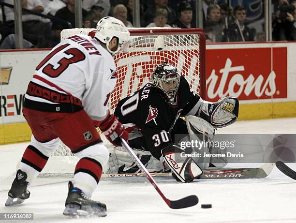 Ray Whitney of the Carolina Hurricanes tries to beat Sabres' goalie, Ryan Miller, during game 4 of the Eastern Conference Finals versus the Buffalo...