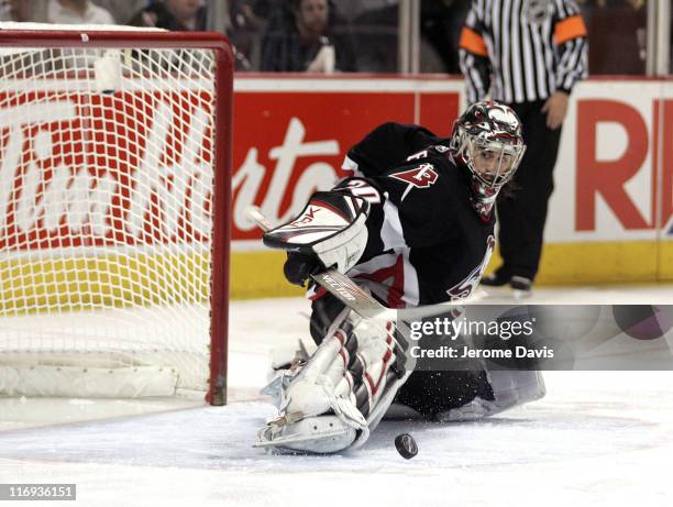 Ryan Miller of the Buffalo Sabres makes a pad save during game 6 of the Eastern Conference Finals versus the Carolina Hurricanes at the HSBC Arena in...