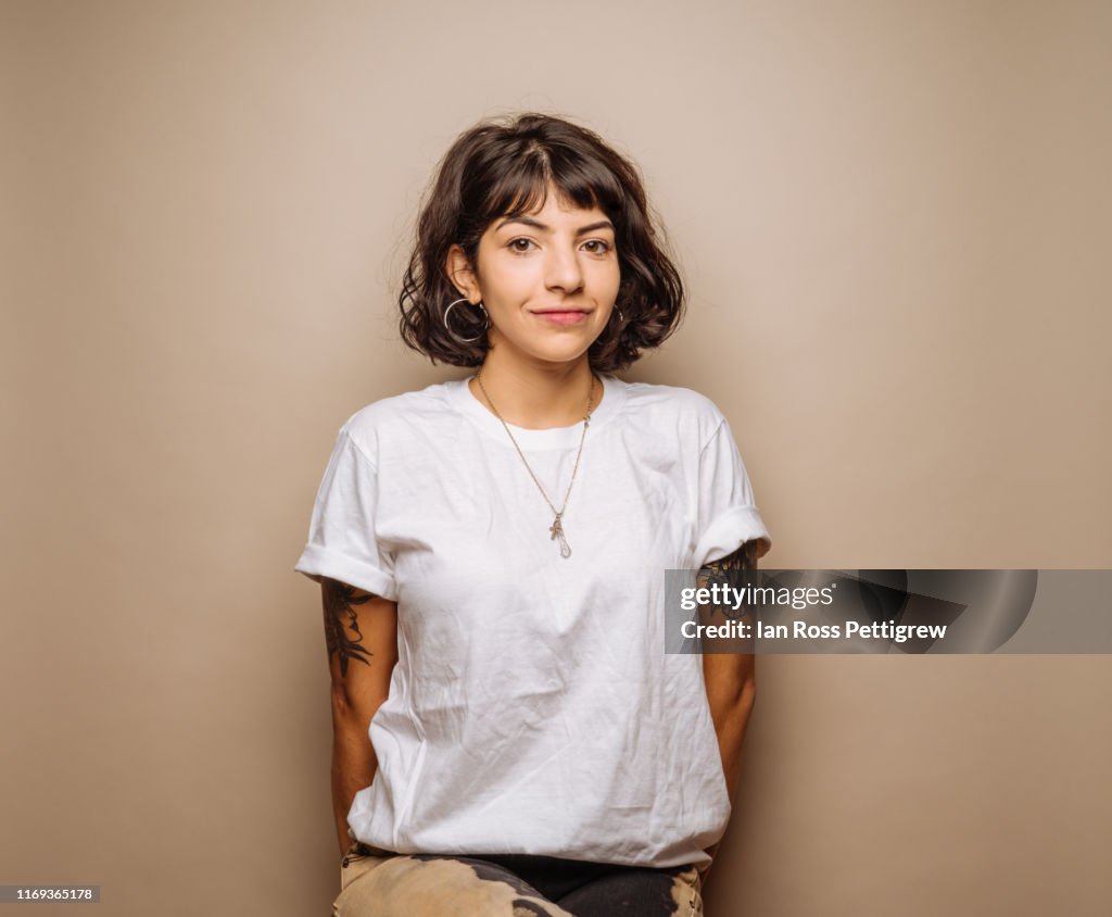 Cute young woman in white t-shirt