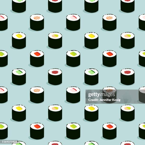 seamless maki sushi illustration pattern, blue background - sushi plate stock illustrations