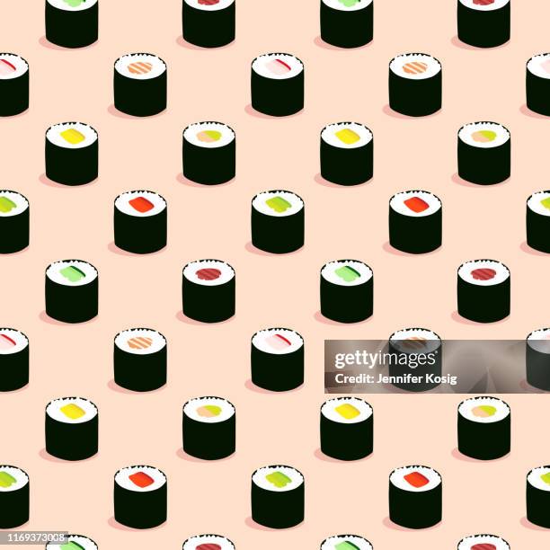 stockillustraties, clipart, cartoons en iconen met naadloze maki sushi illustratie patroon, roze achtergrond - krab gerecht