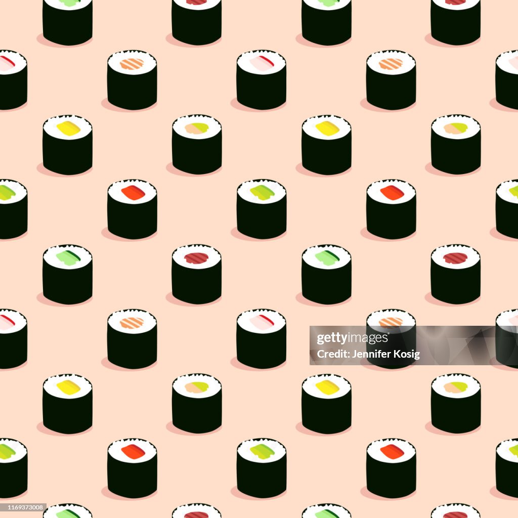 Seamless maki sushi illustration pattern, pink background