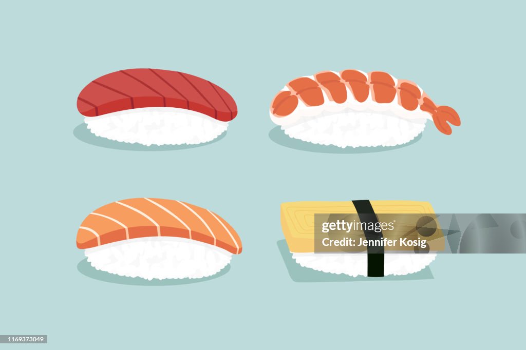Set of nigiri sushi illustration, blue background