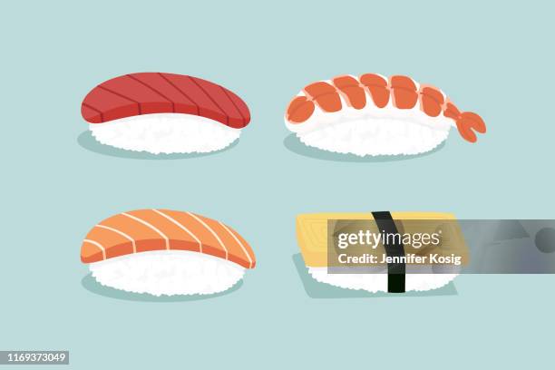 set of nigiri sushi illustration, blue background - sushi plate stock illustrations