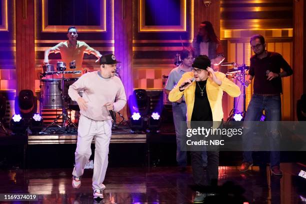 Episode 1121 -- Pictured: Musical guest Residente featuring Bad Bunny performs on September 18, 2019 --