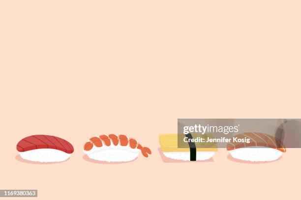 set von nigiri sushi-illustration, mit kopierraum, rosa hintergrund - sushi stock-grafiken, -clipart, -cartoons und -symbole