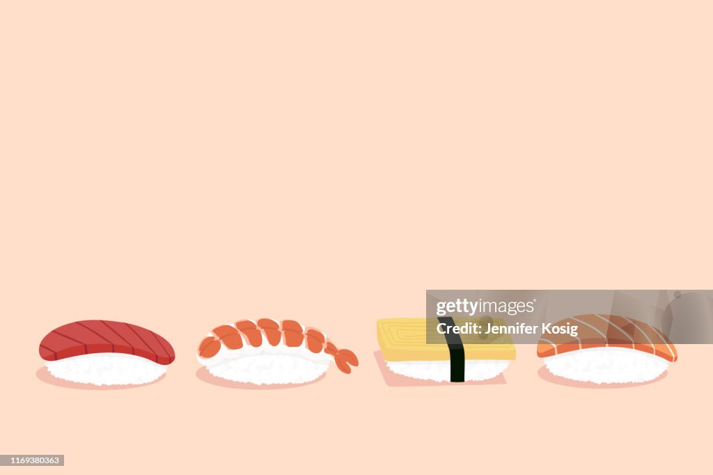 Set of nigiri sushi illustration, with copy space, pink background