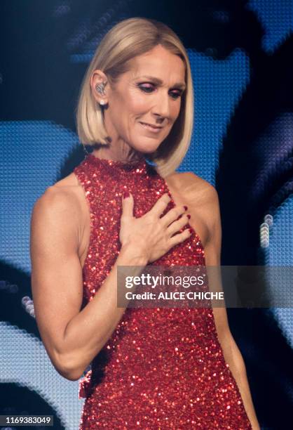 Canadian singer Celine Dion performs on the opening night of her new world tour "Courage" at the Videotron Centre in Quebec City, Quebec, on...