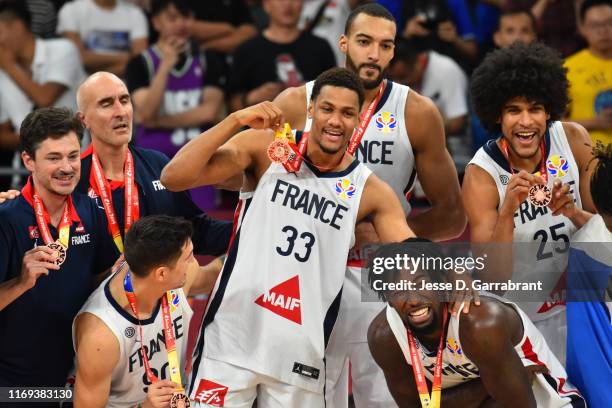 Axel Toupane of France celebrates after the 2019 FIBA World Cup Third Place Game against Australia on September 15, 2019 at the Cadillac Arena in...