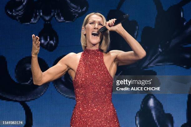 Canadian singer Celine Dion performs on the opening night of her new world tour "Courage" at the Videotron Centre in Quebec City, Quebec, on...