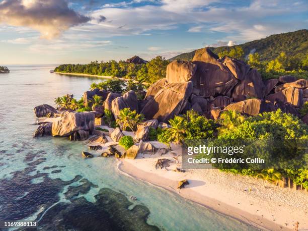 anse source d'argent taken at sunset from a drone - perfection stock pictures, royalty-free photos & images