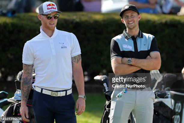 England teammates Ben Stokes and Joe Root on the practice green during the BMW PGA Championship Pro Am at Wentworth Club, Virginia Water on Wednesday...