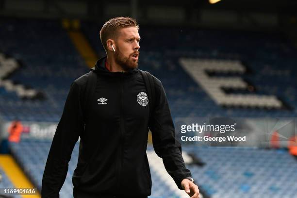 Pontus Jansson of Brentford arrives prior to the Sky Bet Championship match between Leeds United and Brentford at Elland Road on August 21, 2019 in...